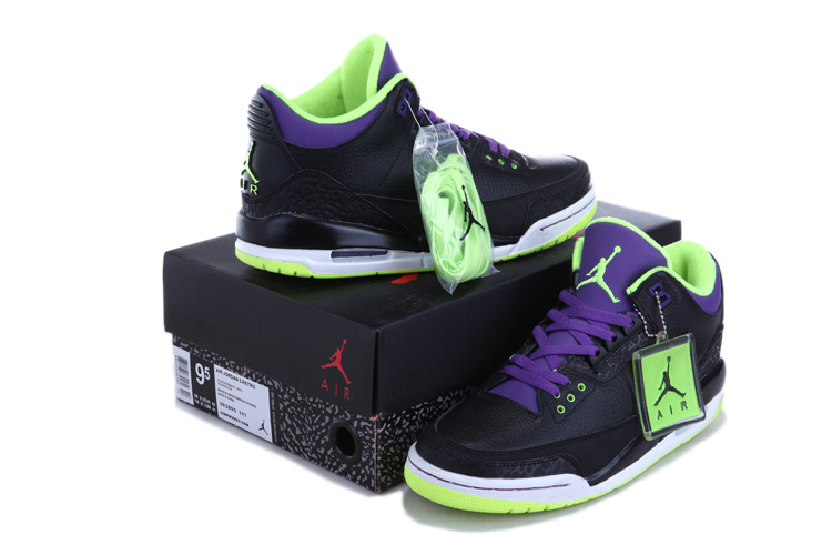 New Air Jordan 3 Black Green Purple Shoes - Click Image to Close