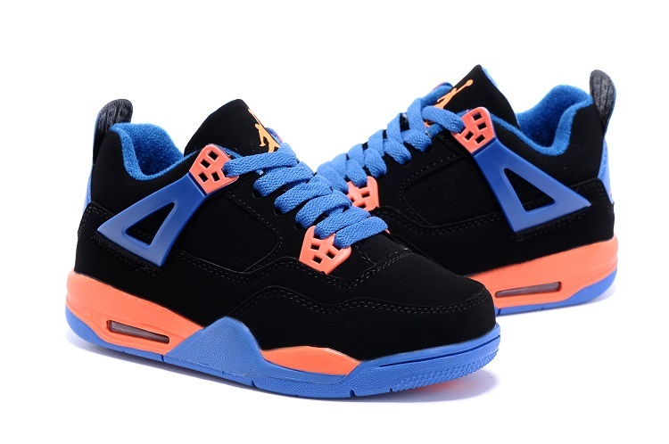 New Air Jordan 4 Retro Black Blue Orange Kids Shoes - Click Image to Close