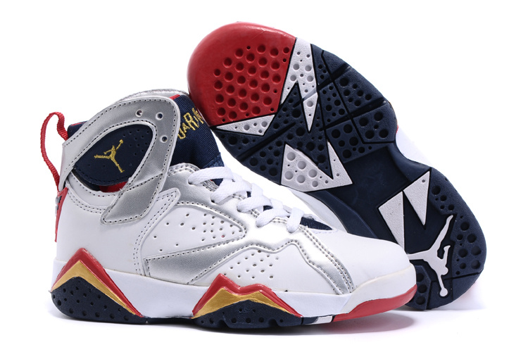 New Air Jordan 7 Retro White Silver Red Black Kids Shoes - Click Image to Close