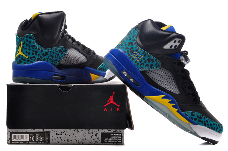 2016 Classic Air Jordan 5 Retro Black Blue Fire Yellow Shoes