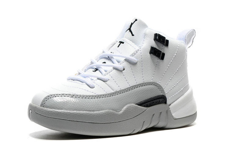 2016 Classic Air Jordan 12 Retro White Grey Black Shoes For Kids