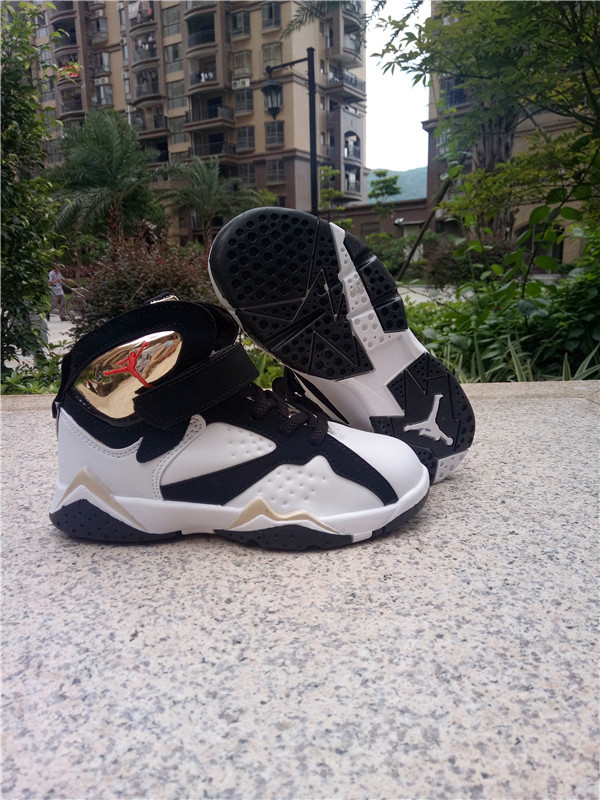 2016 Classic Air Jordan 7 Retro Black White Gold Shoes For Kids - Click Image to Close