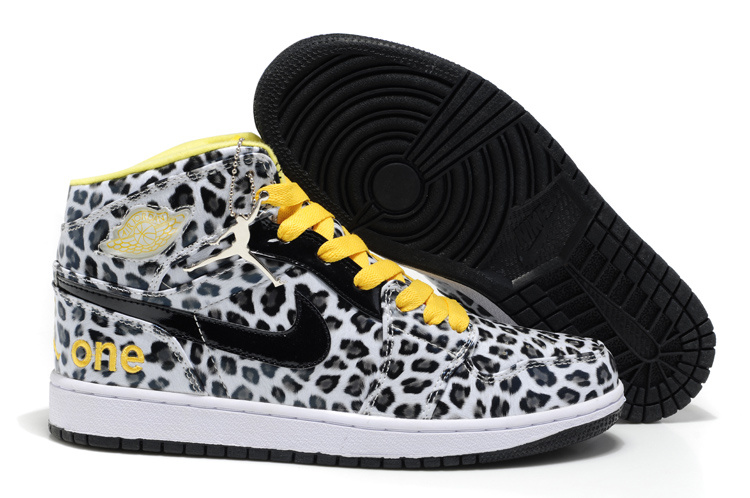 2013 Air Jordan 1 Leopard Leather White Black Yellow Shoes