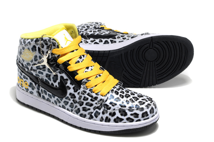 2013 Air Jordan 1 Leopard Leather White Black Yellow Shoes