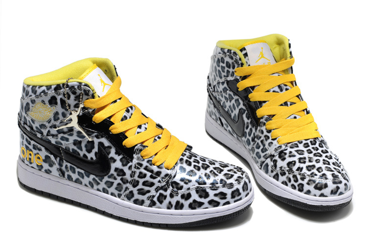 2013 Air Jordan 1 Leopard Leather White Black Yellow Shoes - Click Image to Close