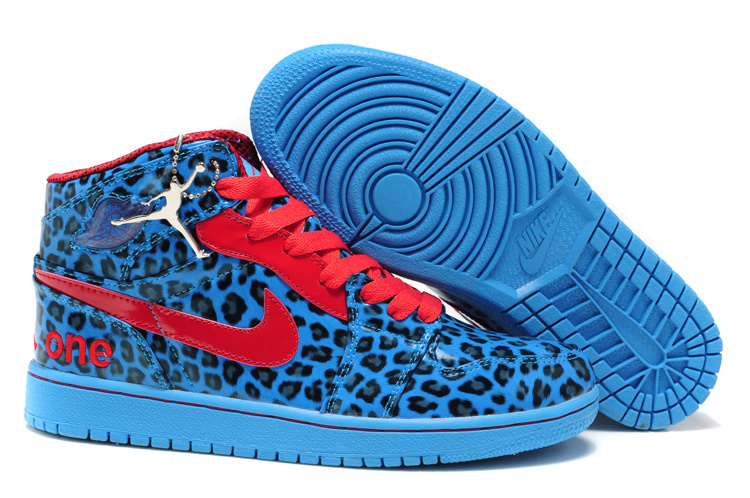 2013 Air Jordan 1 Leopard Leather White Blue Red Shoes - Click Image to Close