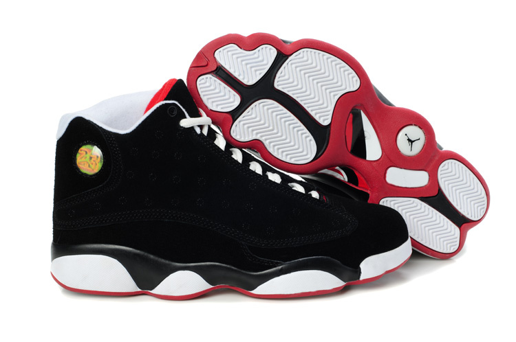 Comfortable Air Jordan 13 Suede Dark Black White Red Shoes