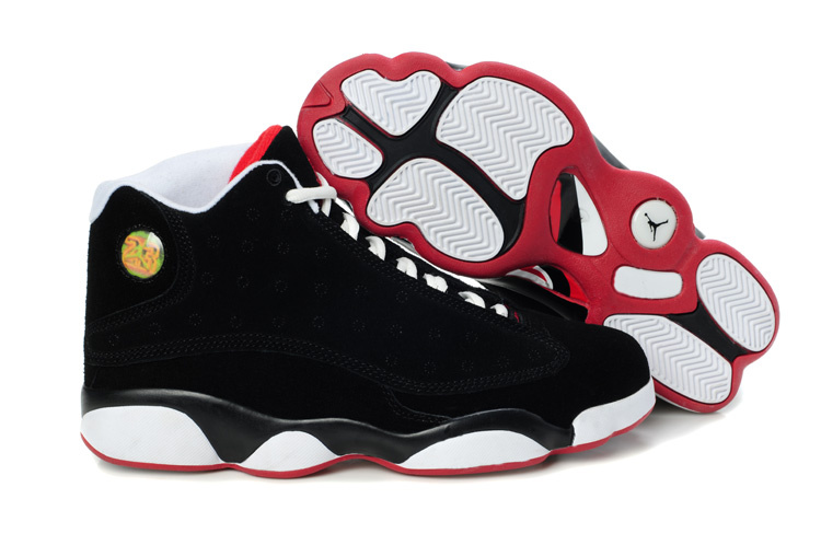 Comfortable Air Jordan 13 Suede Dark Black White Red Shoes - Click Image to Close