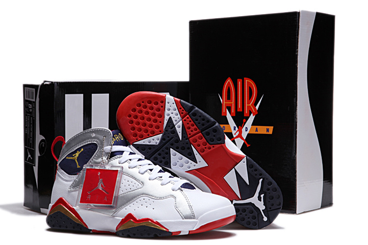 New Retro Air Jordan 7 Duplicate White Silver Red Shoes - Click Image to Close