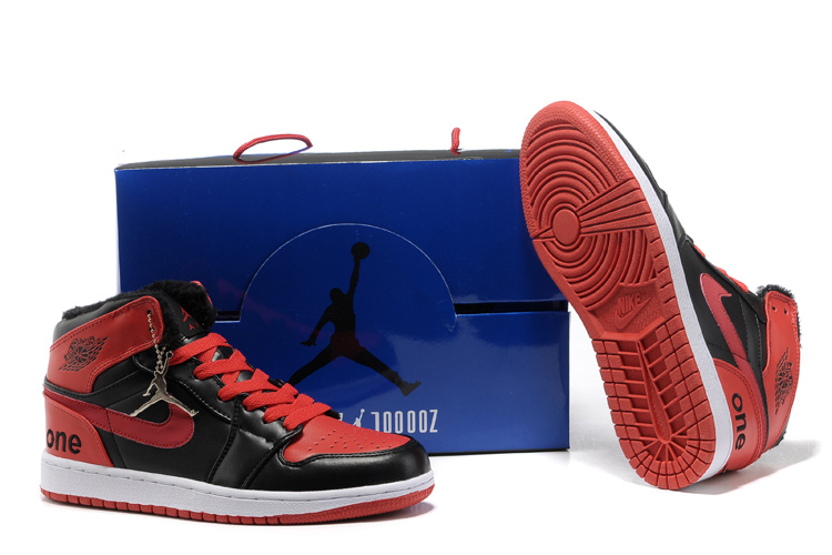 Hardcover Air Jordan 1 Wool Black Red White Shoes - Click Image to Close