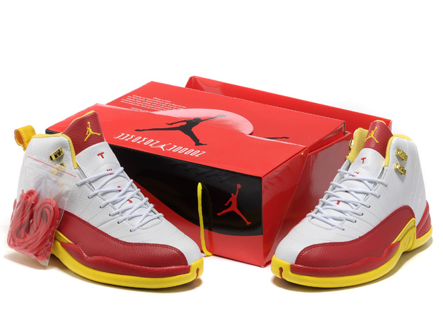 Hardcover Air Jordan 12 White Red Yellow Shoes - Click Image to Close
