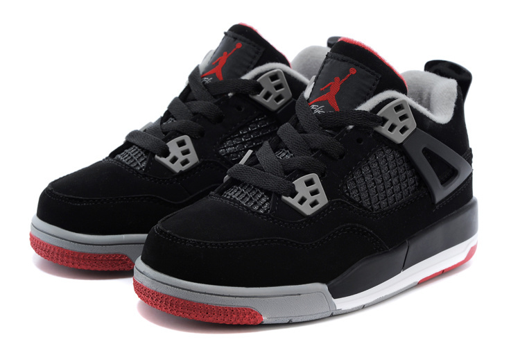 2015 Kids Air Jordan 4 Black Grey Red - Click Image to Close