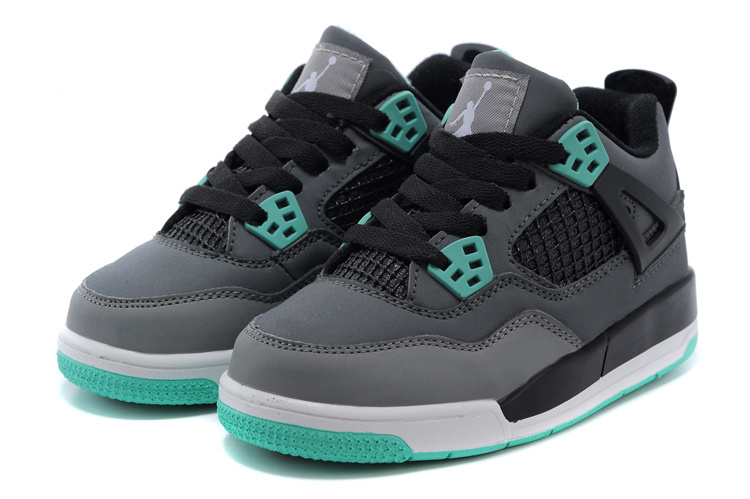 2015 Kids Air Jordan 4 Grey Black Green - Click Image to Close