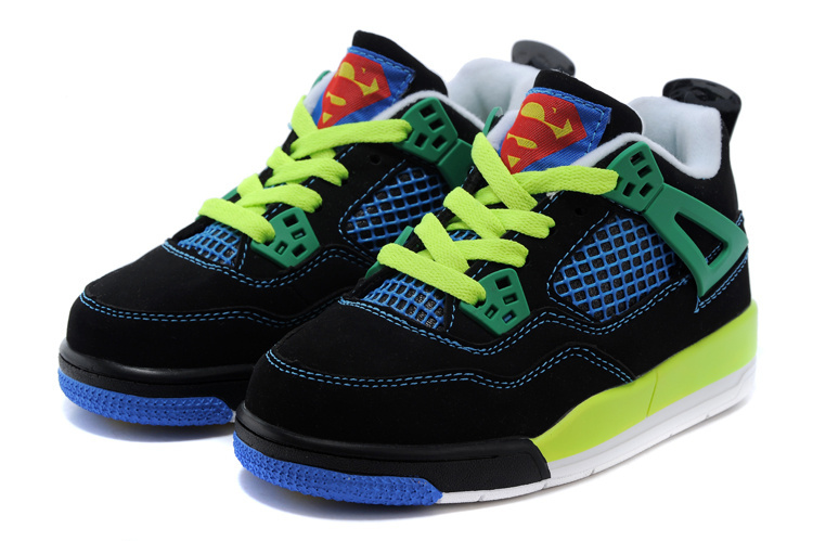 2015 Kids Jordan 4 Superman Black Fluorscent Green Blue - Click Image to Close