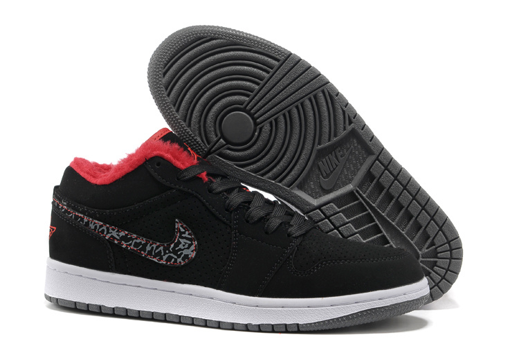 Comfortable Low Air Jordan 1 Wool Black White Grey Shoes - Click Image to Close