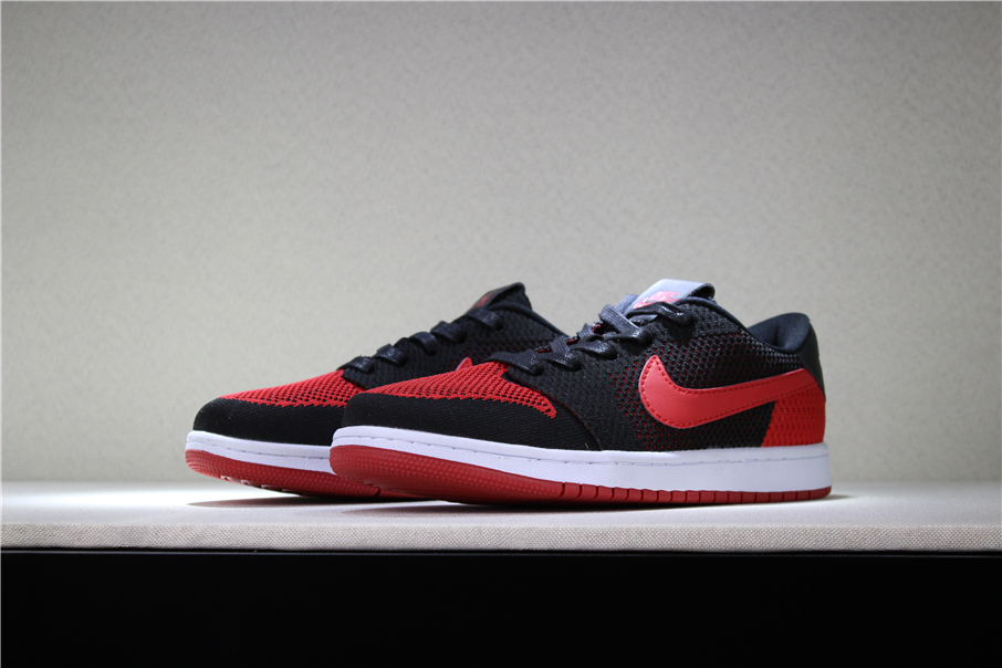 New Air Jordan 1 Low Flyknit Banned Black Varsity Red White - Click Image to Close