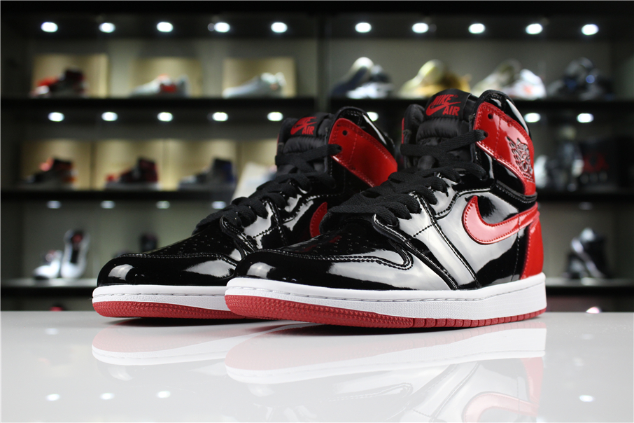 New Air Jordan 1 Patent Leather Banned Black White University Red - Click Image to Close