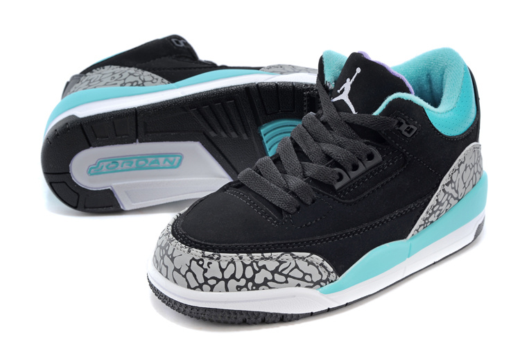 2015 New Jordan 3 Black Grey Cement Green For Kids - Click Image to Close