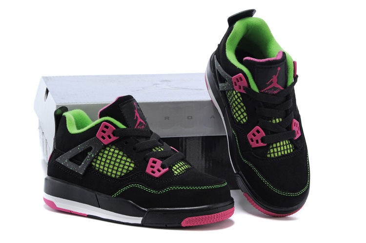 2015 New Jordan 4 Black Green Pink For Kids - Click Image to Close