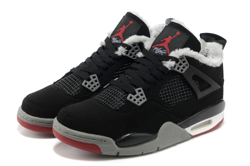 Wool Air Jordan 4 Black Grey Red Shoes - Click Image to Close