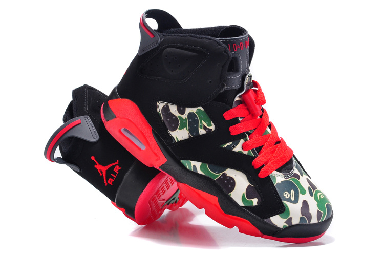 2015 New Jordan 6 Black Red Monkey Head Print Shoes For Women