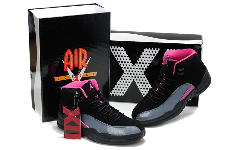 New Arrival Air Jordan Retro 12 Black Grey Pink Shoes - Click Image to Close