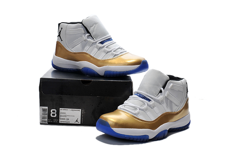2015 New Air Jordan 11 White Gold Blue Sole Shoes