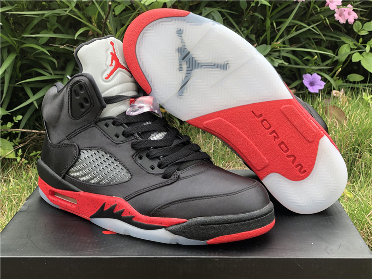 New Air jordan 5 satin bred black red shoes